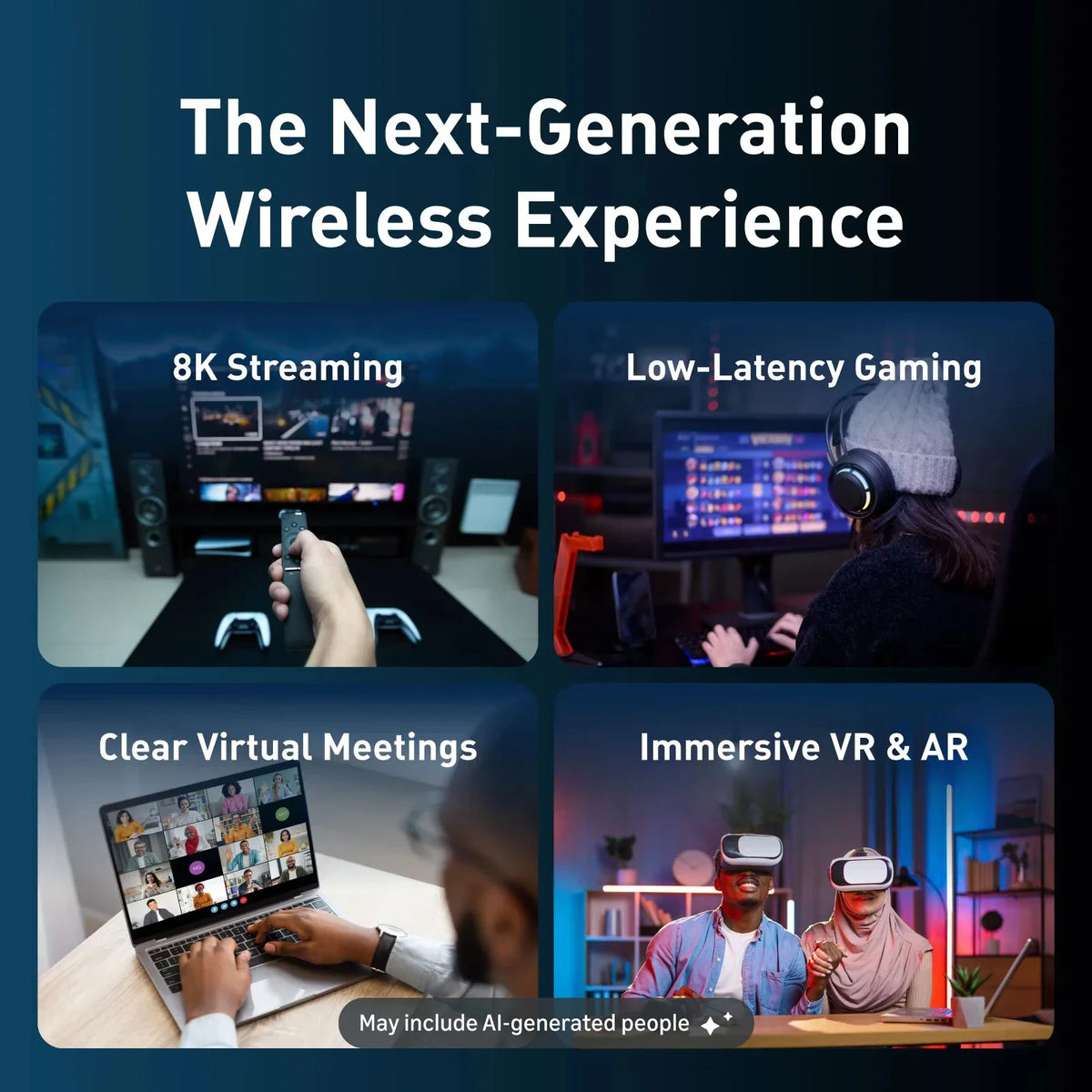 Infographic showing use cases for a Wi-Fi 7 router, including gaming and streaming, with AI-generated people.