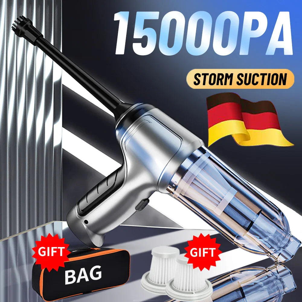 Portable handheld cordless vacuum cleaner with accessories, storage bag, and filters.