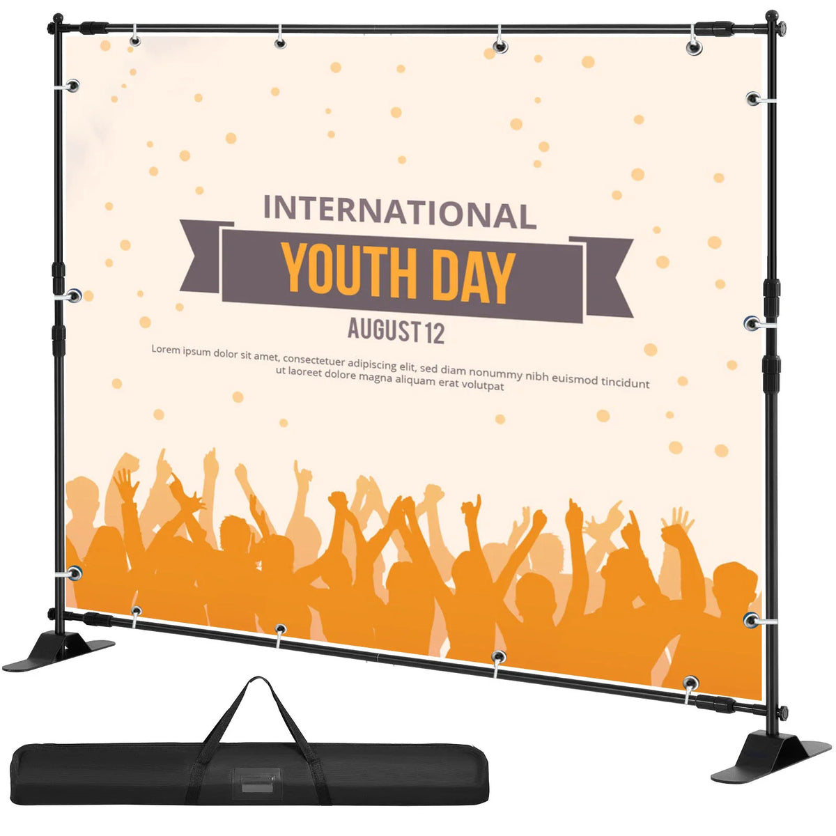 Adjustable banner display stand for event backdrops with carry bag