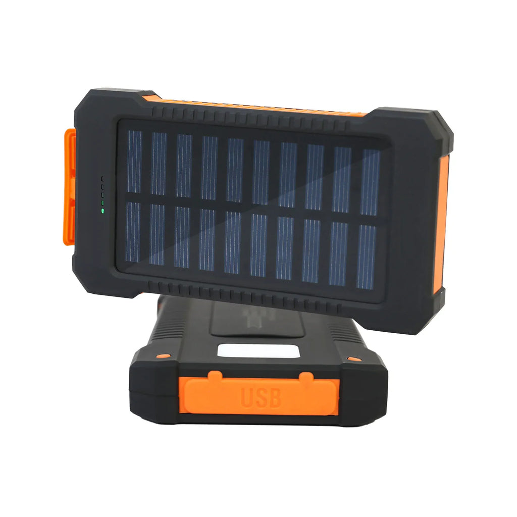 Rugged black and orange portable solar power bank with USB port cover