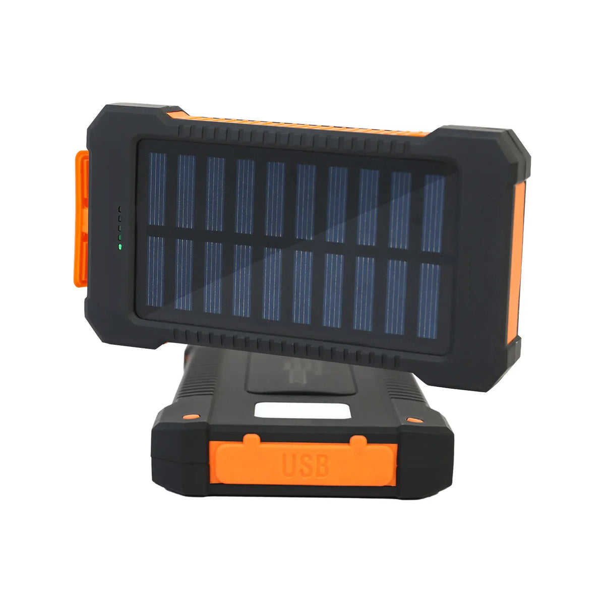 Rugged black and orange portable solar power bank with USB port cover
