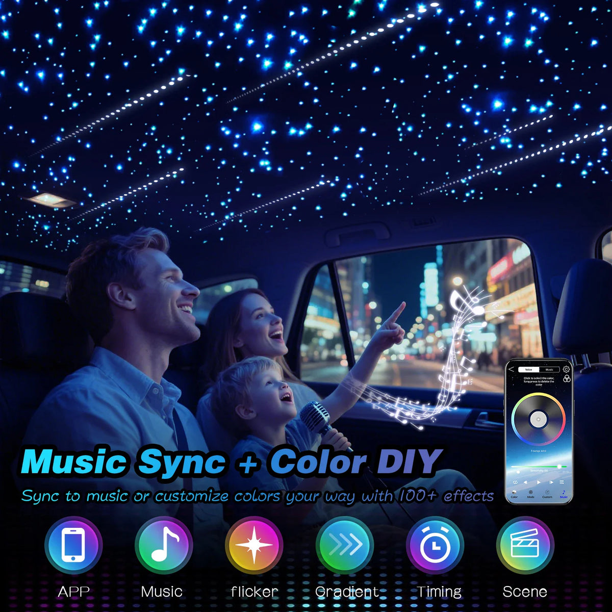 Family inside a car under a starry ceiling light setup controlled via smartphone app