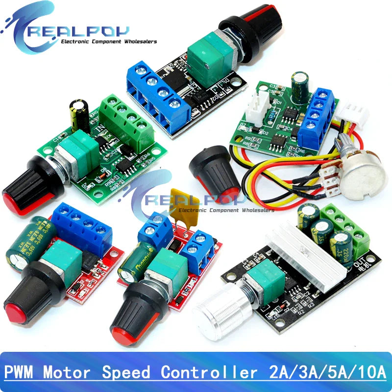 A collection of various PWM motor speed controller modules with rotary knobs and terminal blocks.
