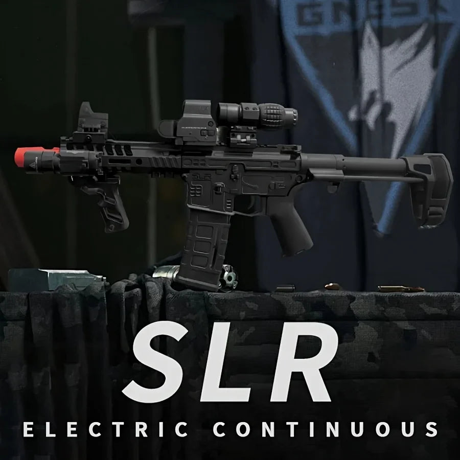 Black electric gel ball blaster rifle with orange muzzle and tactical accessories