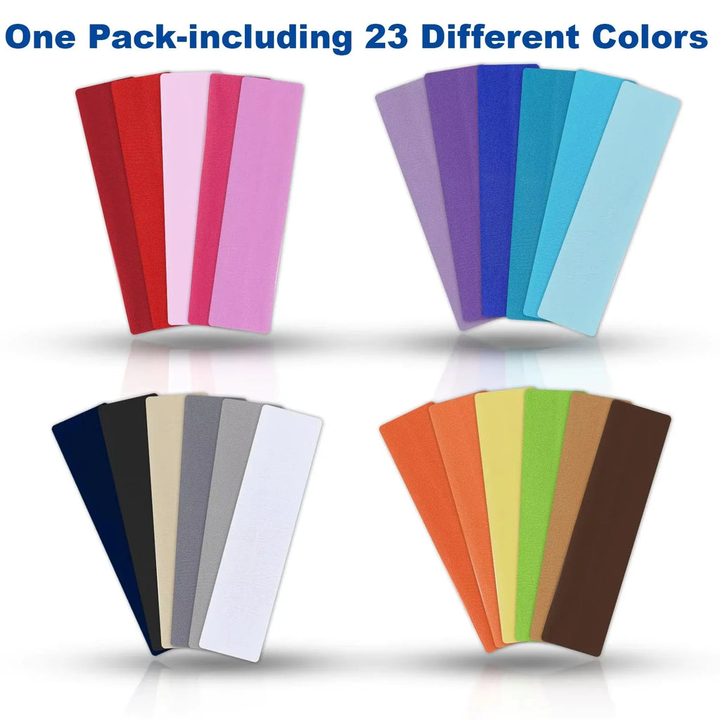 A collection of 23 different colored headbands presented in four groups.