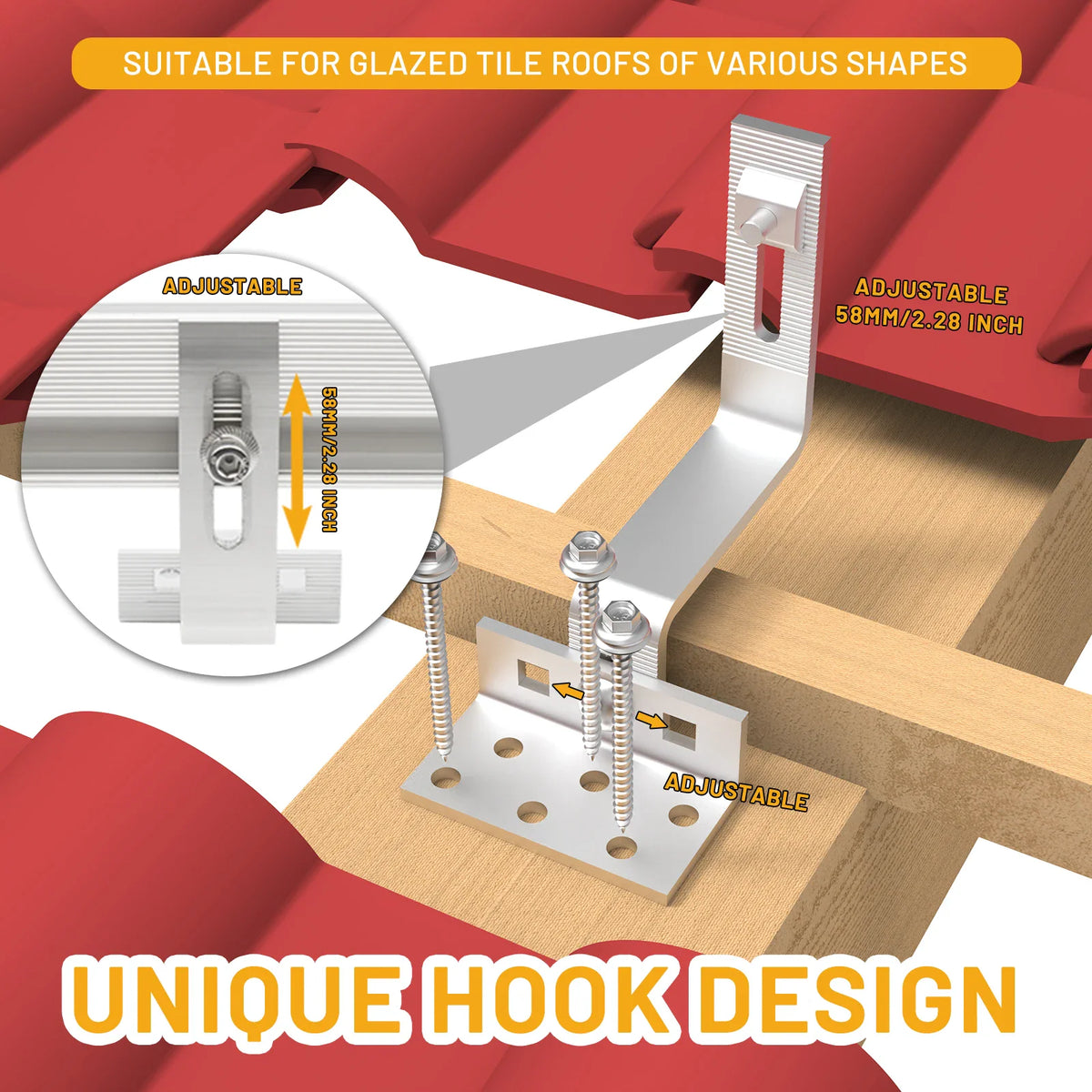 Detailed diagram of adjustable stainless steel solar panel roof hook and mounting hardware on wooden beam