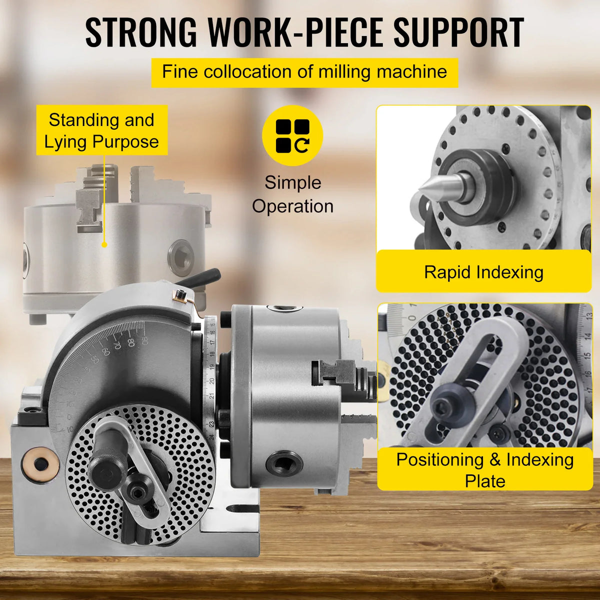 Versatile 3-jaw dividing head for standing or lying work-piece support