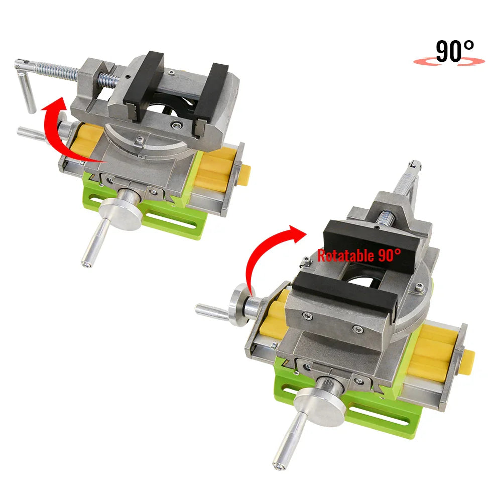 Compound worktable vise showing 90 degree rotation capability
