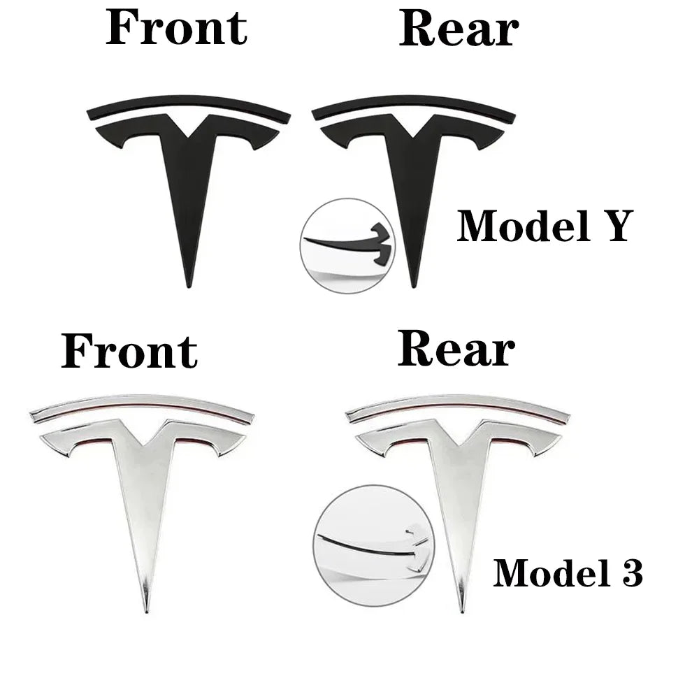 Comparison of front and rear vehicle emblems for different electric car models