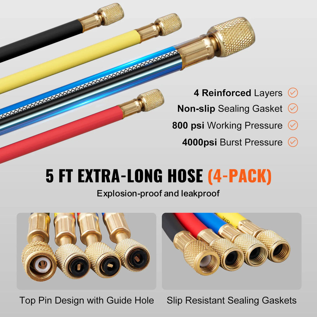 Close-up of four colored refrigeration hoses with technical specifications and detailed end fittings
