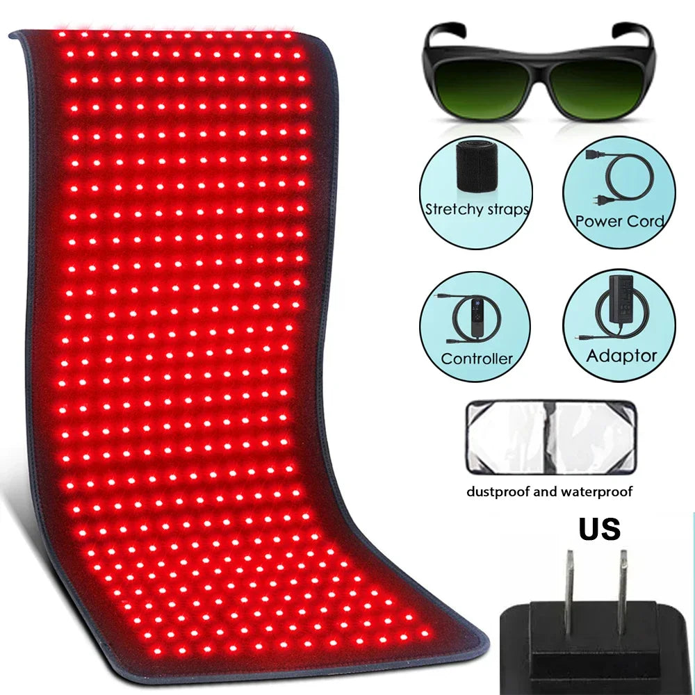 Red light therapy heating pad set with protective goggles, power cord, controller, adaptor and US plug