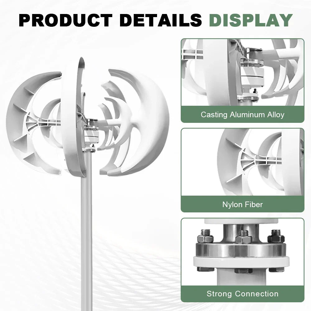 Detailed view of wind turbine components including cast aluminum alloy and nylon fiber blades