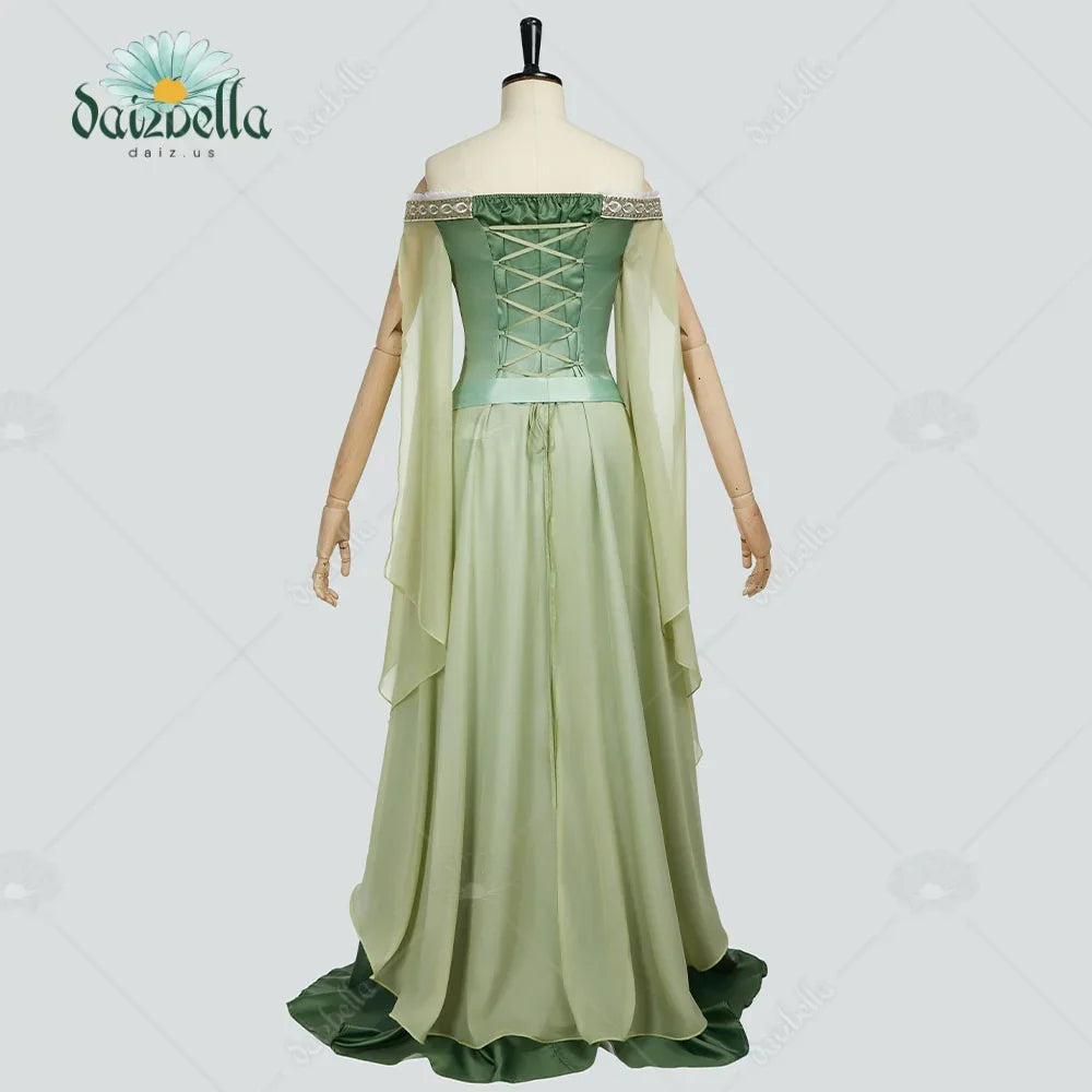 Back view of a green renaissance elf dress on a mannequin featuring lace-up corset back detail.