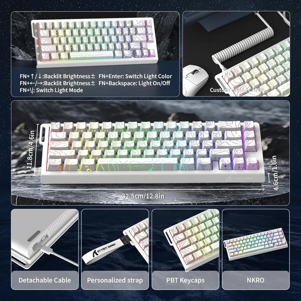 Keyboard features including custom coiled cable, dimensions, detachable cable, personalized strap and PBT keycaps.