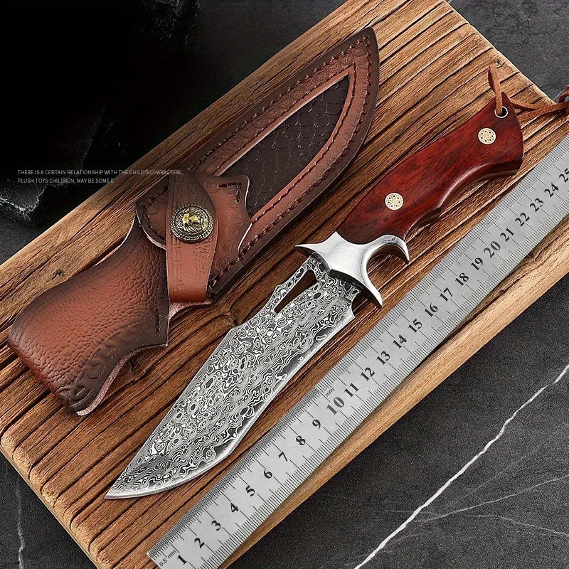 Damascus fixed blade utility knife with a wooden handle and leather scabbard. – view 2
