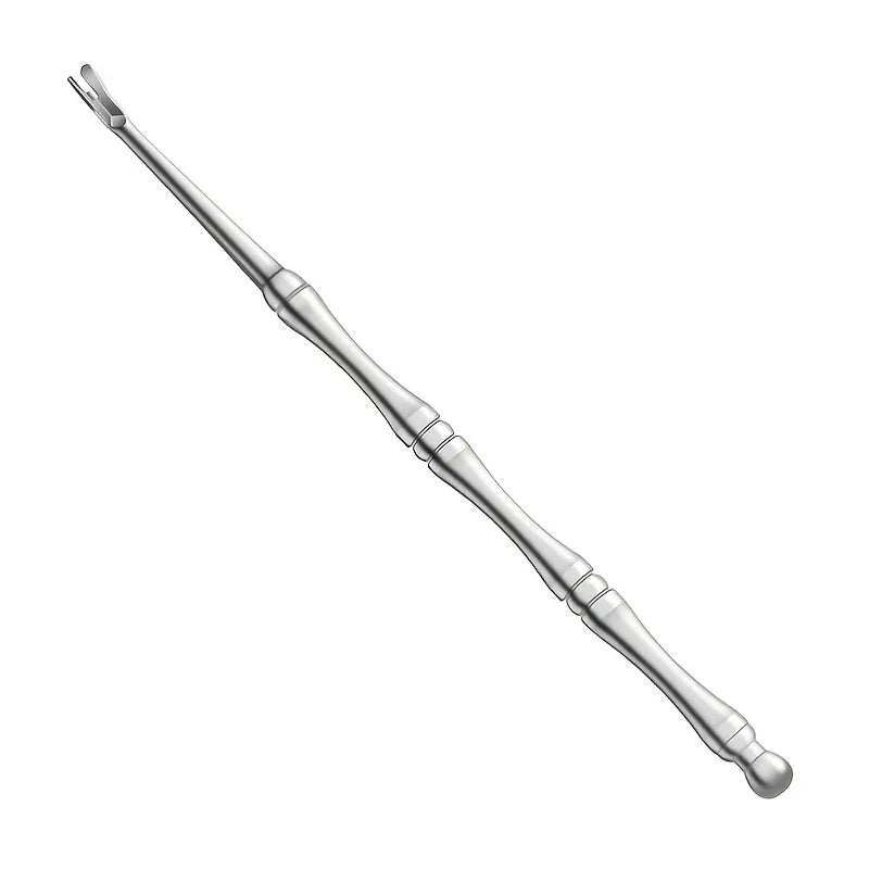 Stainless steel V-shaped cuticle trimmer and pusher tool on a plain background