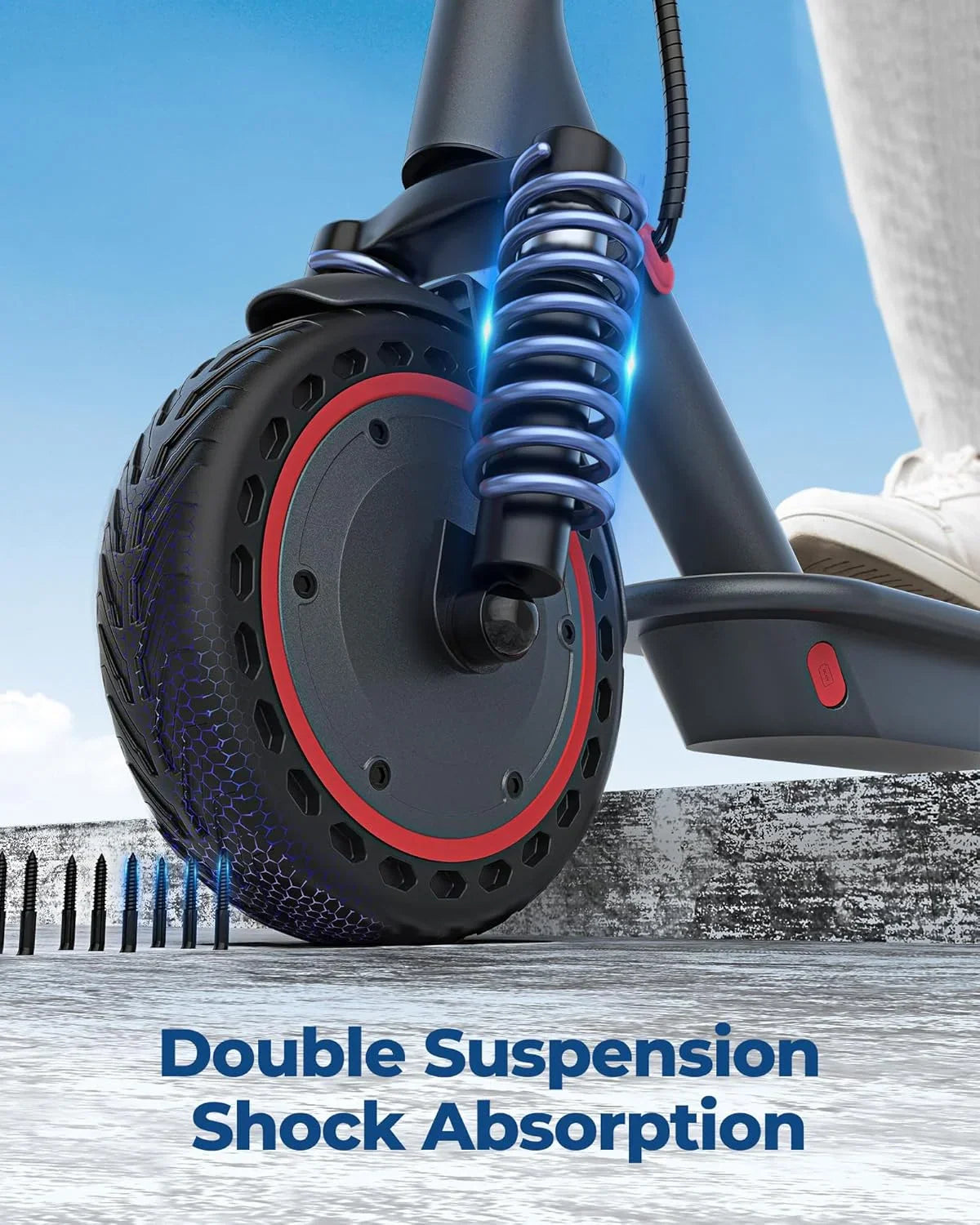 Close up of the front wheel and blue suspension spring of a black electric scooter.