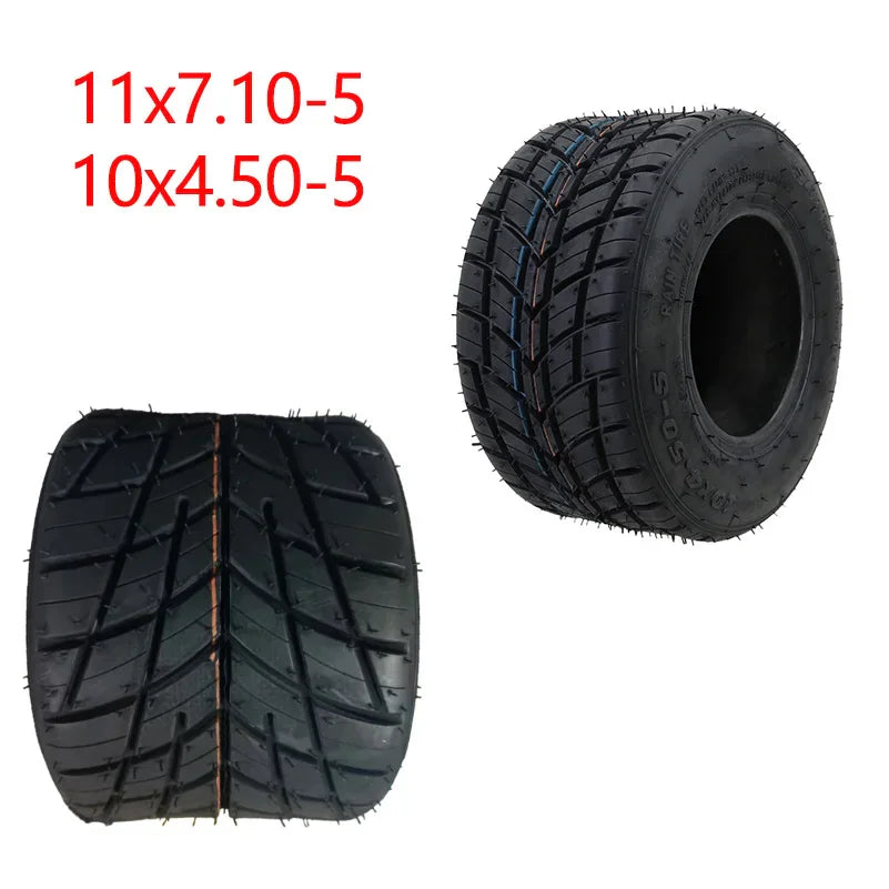 Two go kart tires in different sizes with technical specifications written above
