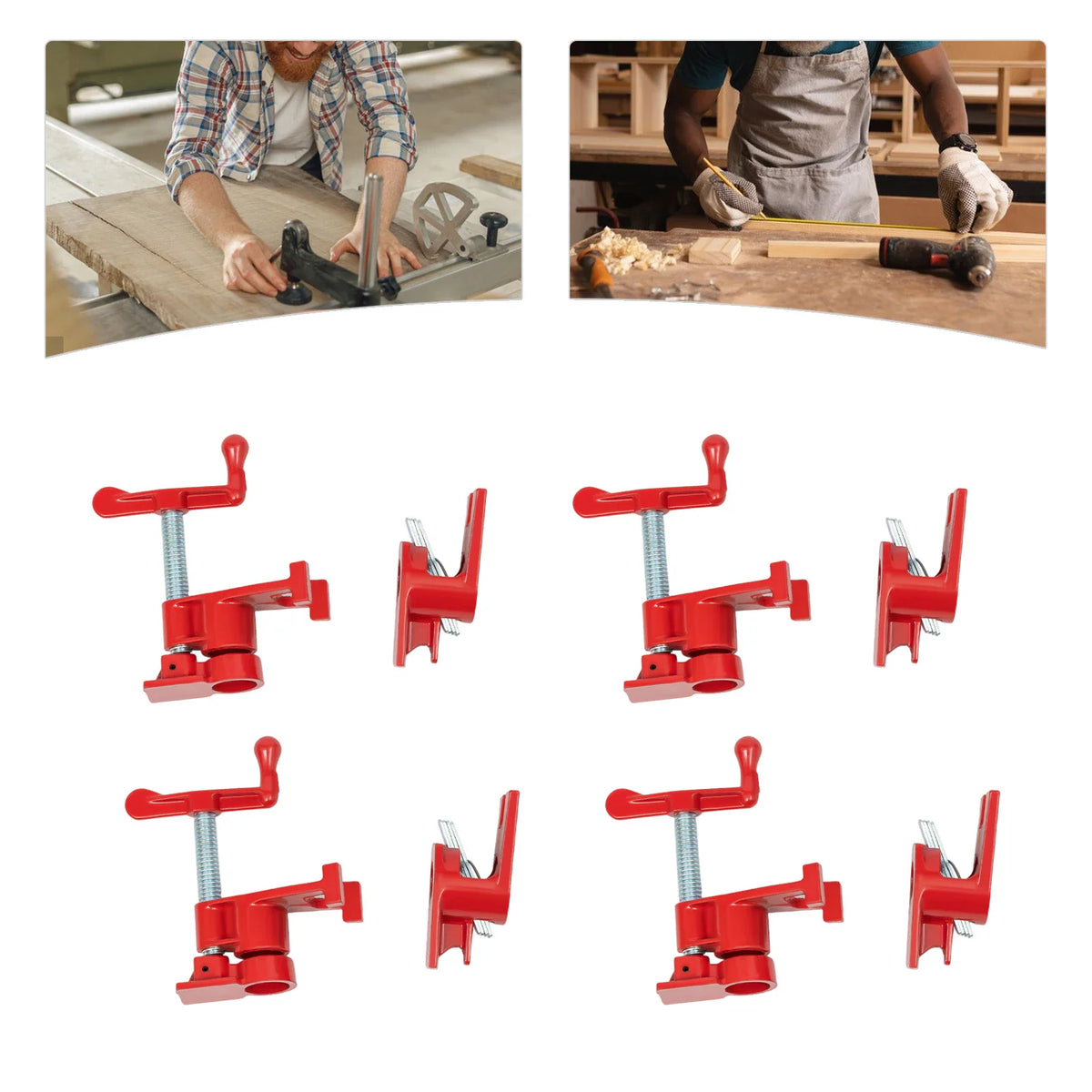 Set of four red pipe clamps for woodworking with inset images of carpenter at work.
