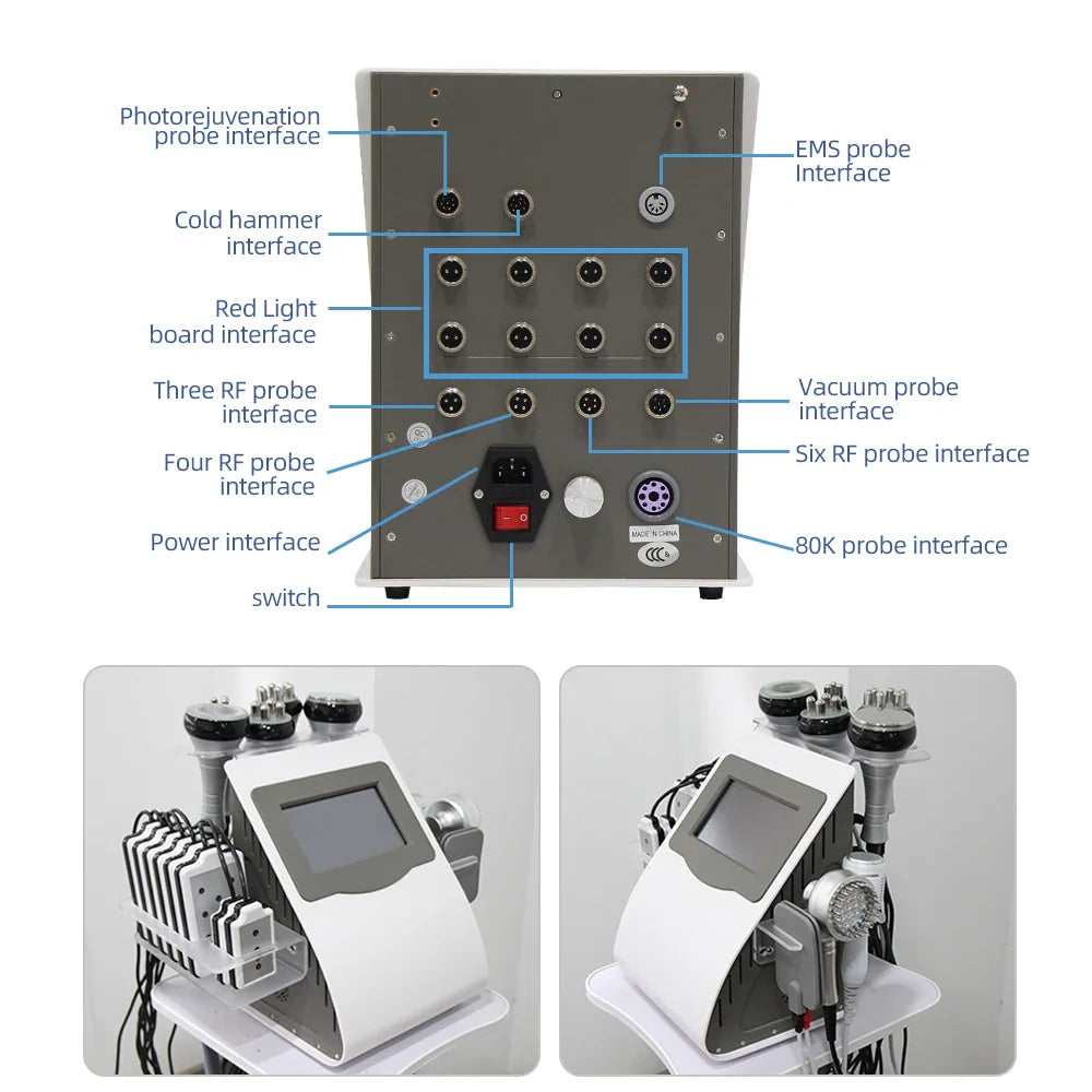 Rear view of 9-in-1 slimming machine showing labeled port interfaces and side angles of the unit