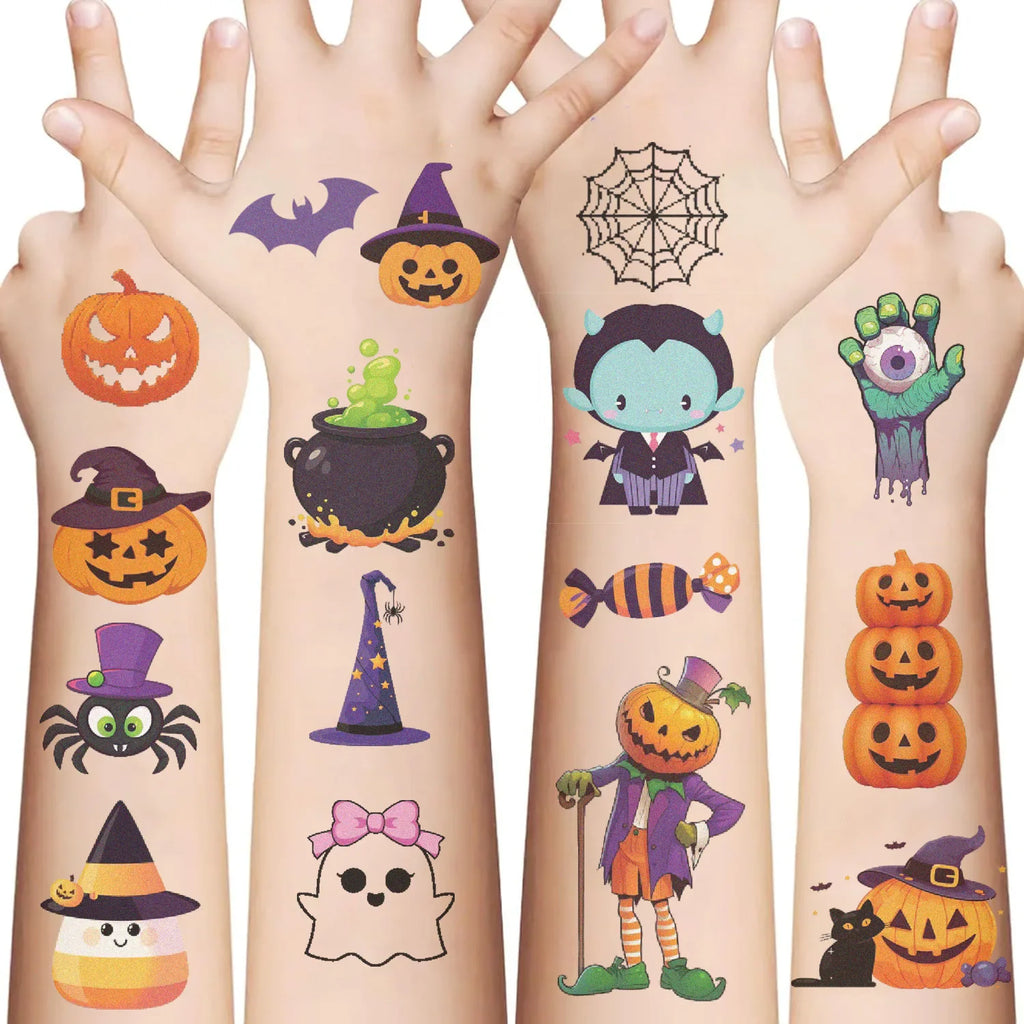 Multiple temporary Halloween tattoo designs for kids shown applied to human arms
