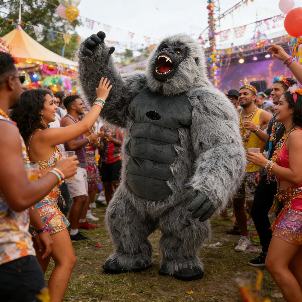 A grey king kong mascot costume at an outdoor party with people.