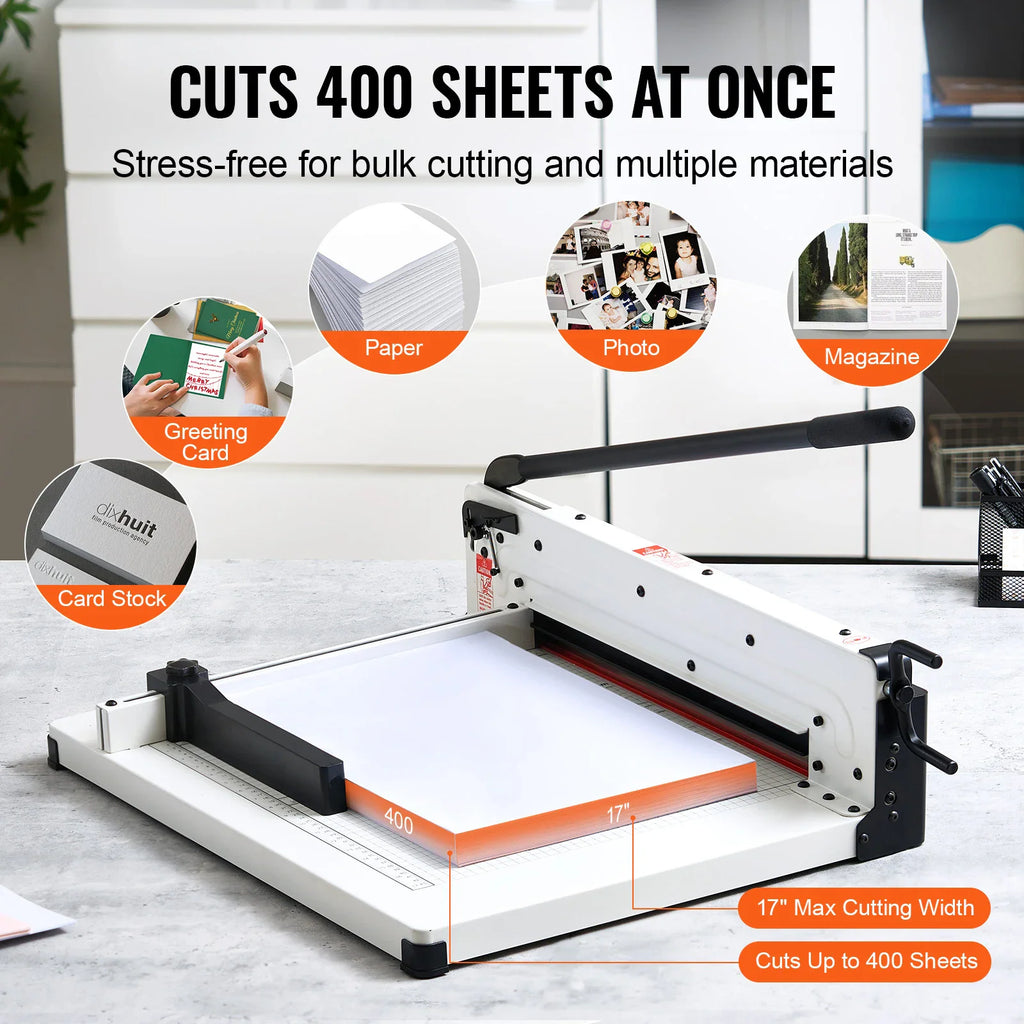 Heavy-duty paper cutter stack showing versatility for cutting paper, photos, and card stock.