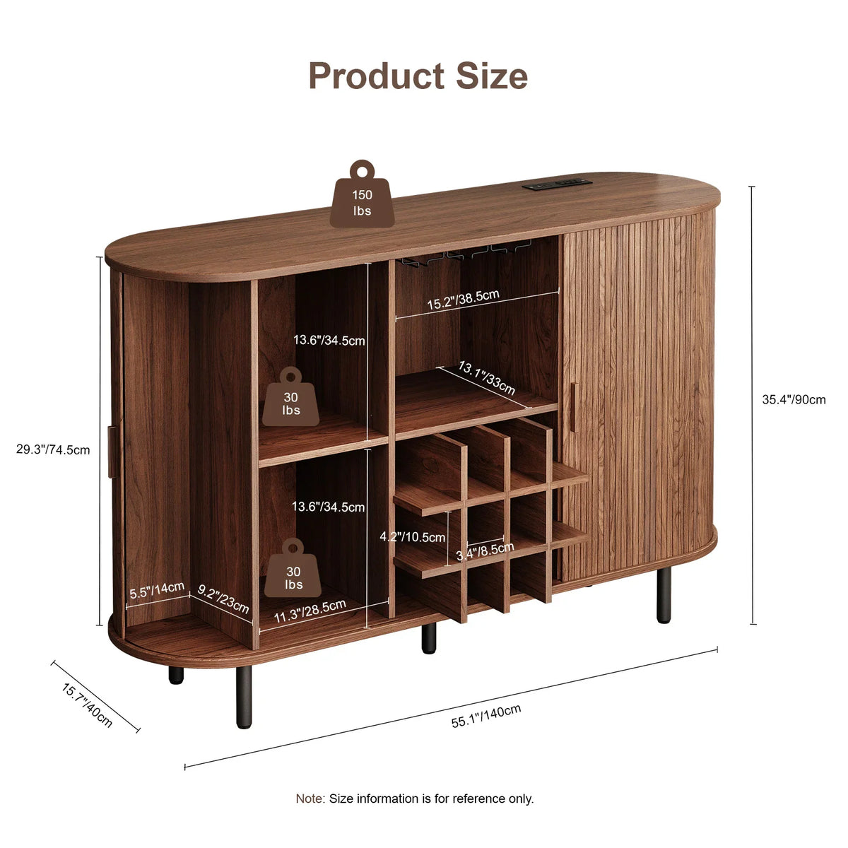 Technical diagram of a walnut buffet cabinet with dimensions, weight capacities, and power outlet placement.
