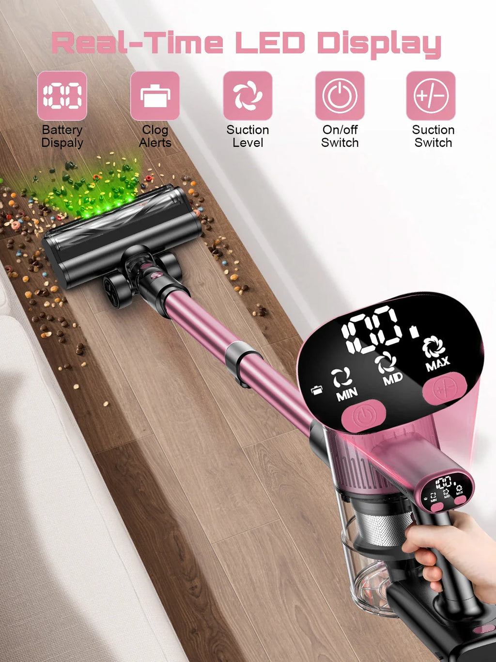 Close up of a pink and black cordless stick vacuum cleaner with an LED display showing suction and battery