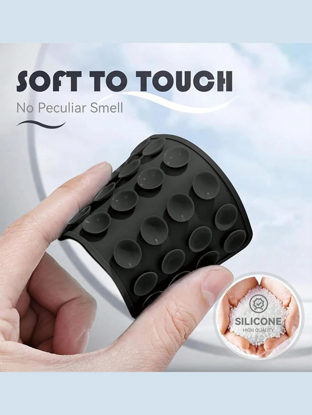 Flexible silicone suction cup phone mount held in hand to demonstrate texture and quality