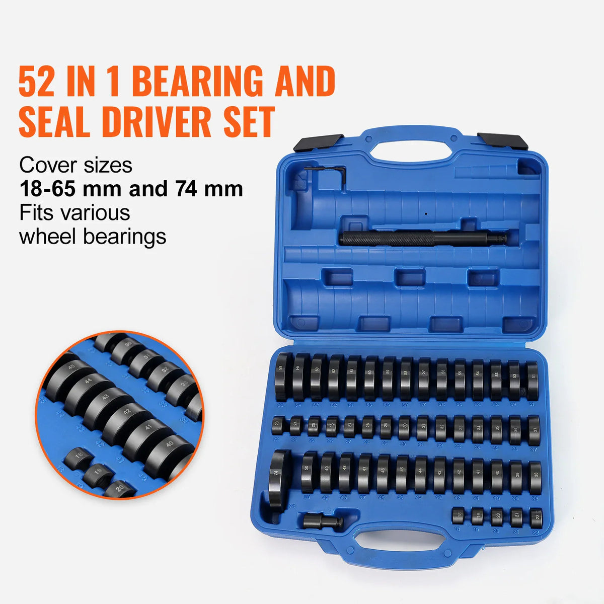 Open blue carrying case containing a 52-piece bearing and seal driver set