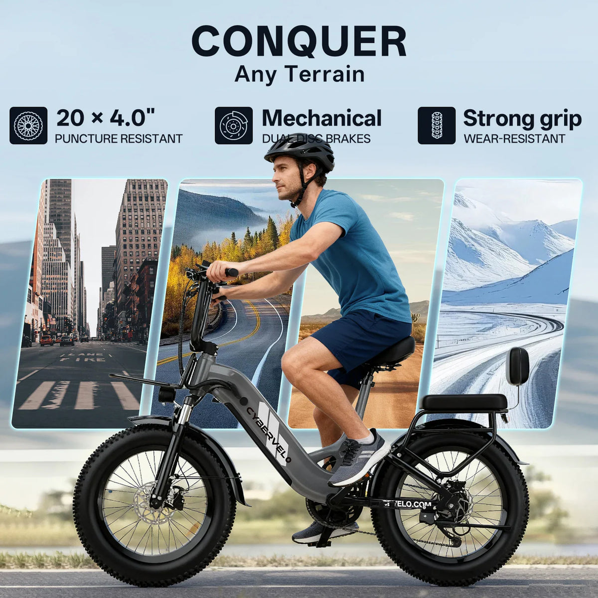 Electric bike with rider on road in different terrains showing tire and brake features