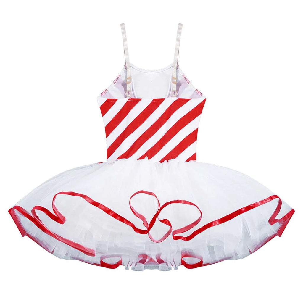 The back view of a red and white candy cane striped ballet dress with adjustable straps and a tutu skirt.