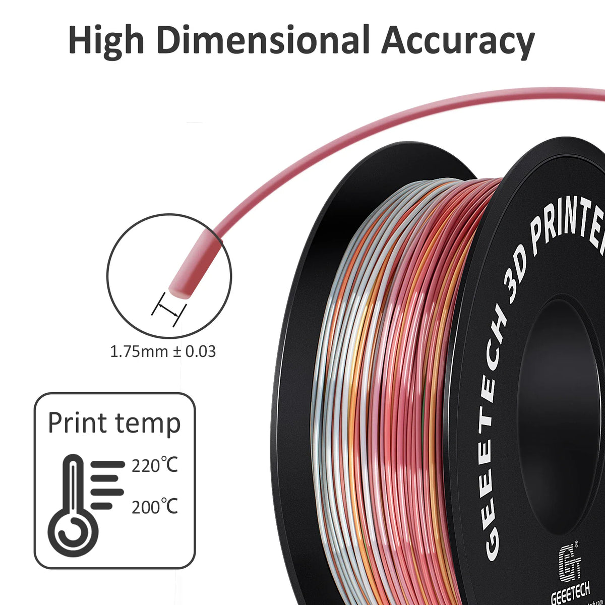 A spool of multi-colored 3D printer filament with technical specifications