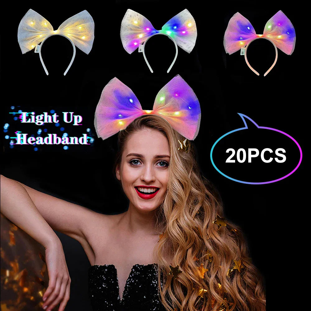 A woman smiling while wearing a colorful glowing bow headband, with additional headbands shown above