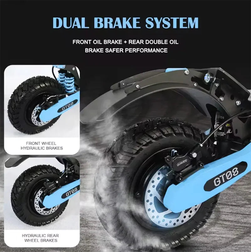 Electric scooter dual hydraulic disc brake system detail on the wheels