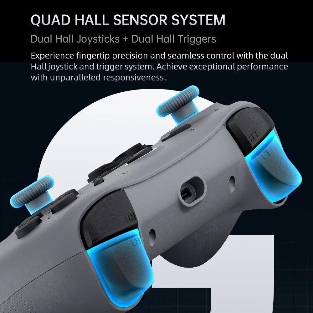Close-up of grey gaming controller triggers and shoulder buttons with lighting