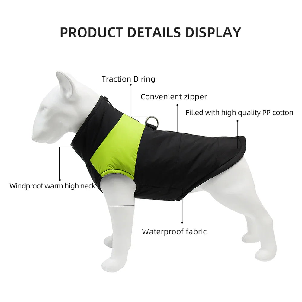 Features of a waterproof dog vest showing zipper, D-ring and filling material