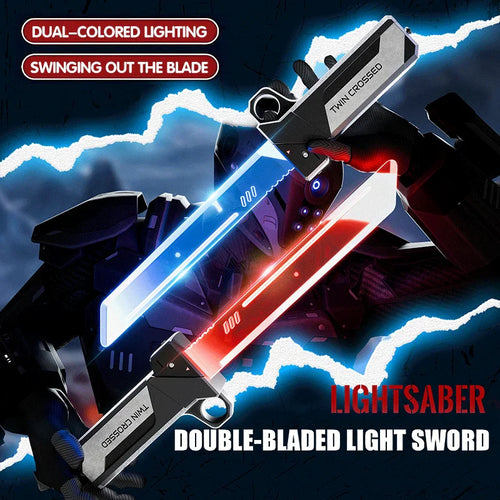 Two light-up sci-fi swords with blue and red blades held by a person in a futuristic robotic suit.