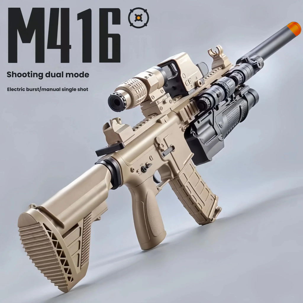 Tan M416 gel blaster toy with tactical scope and attachments viewed from an angle.