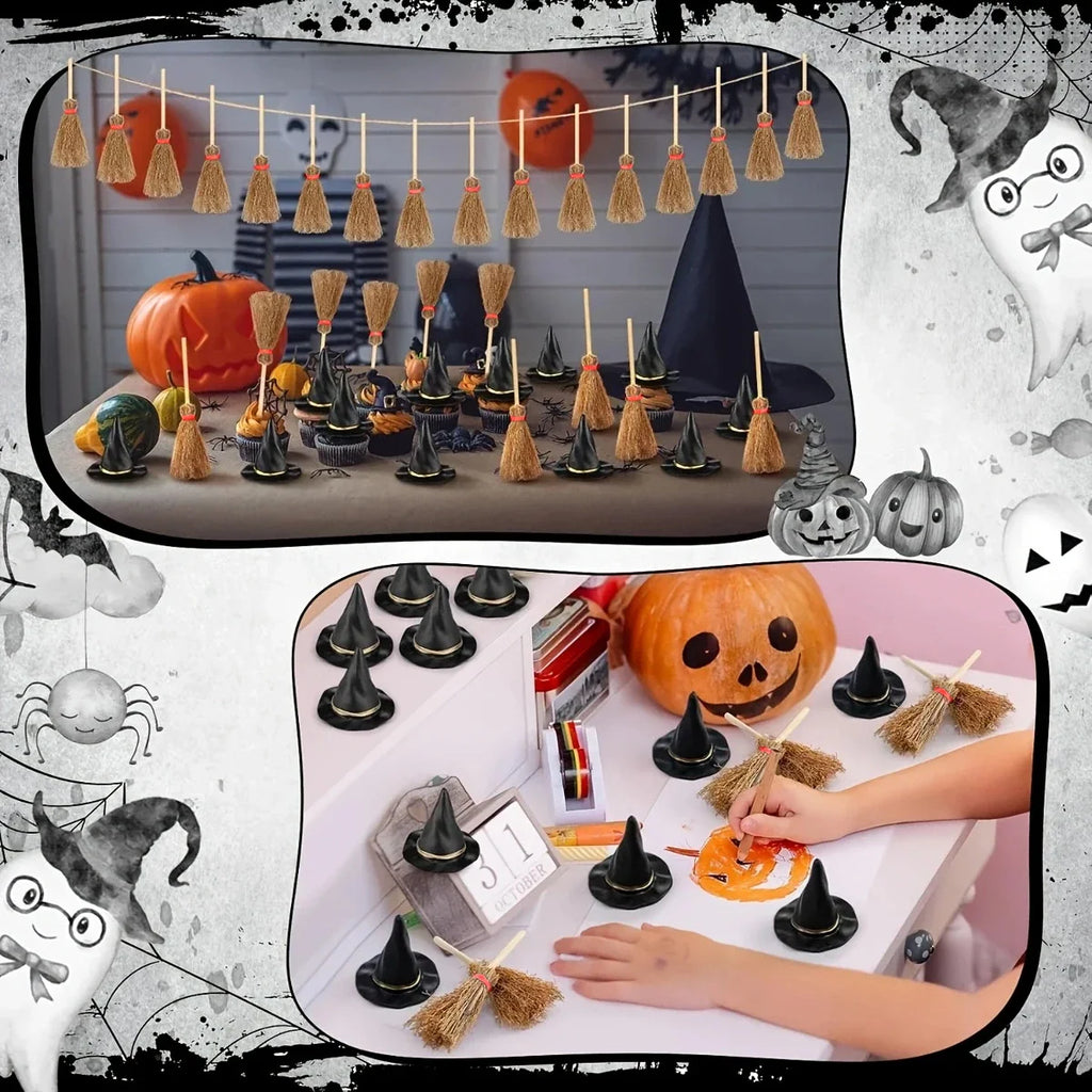 Miniature witch hats and broomstick decorations set for Halloween party table