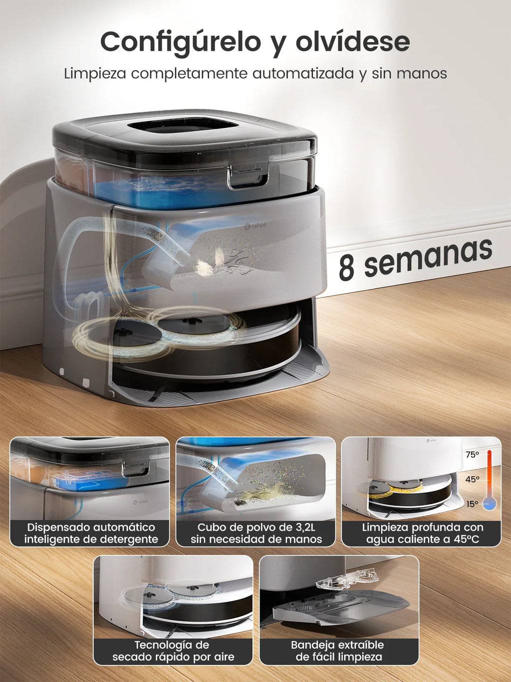 Robot vacuum and base station showing 8-week maintenance and various automated cleaning features