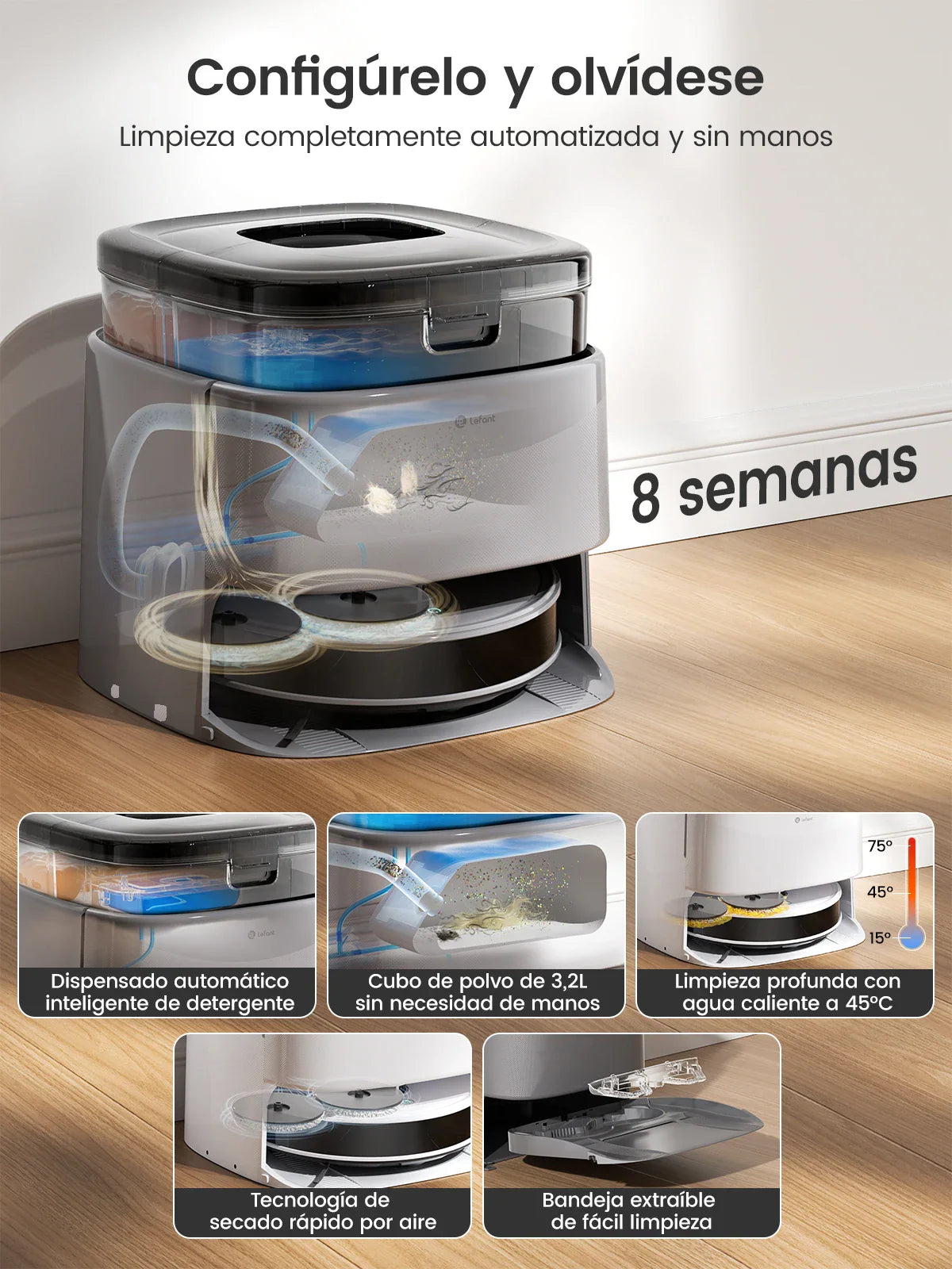 Robot vacuum and base station showing 8-week maintenance and various automated cleaning features
