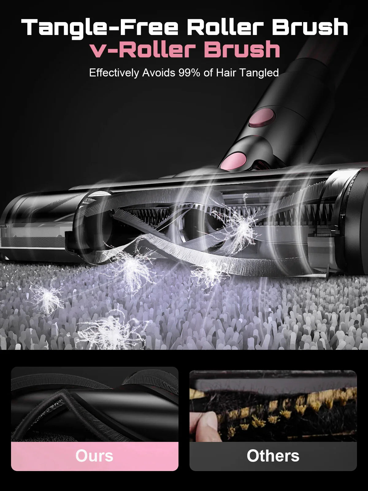 Close up of a tangle-free vacuum cleaner roller brush showing effective hair removal performance