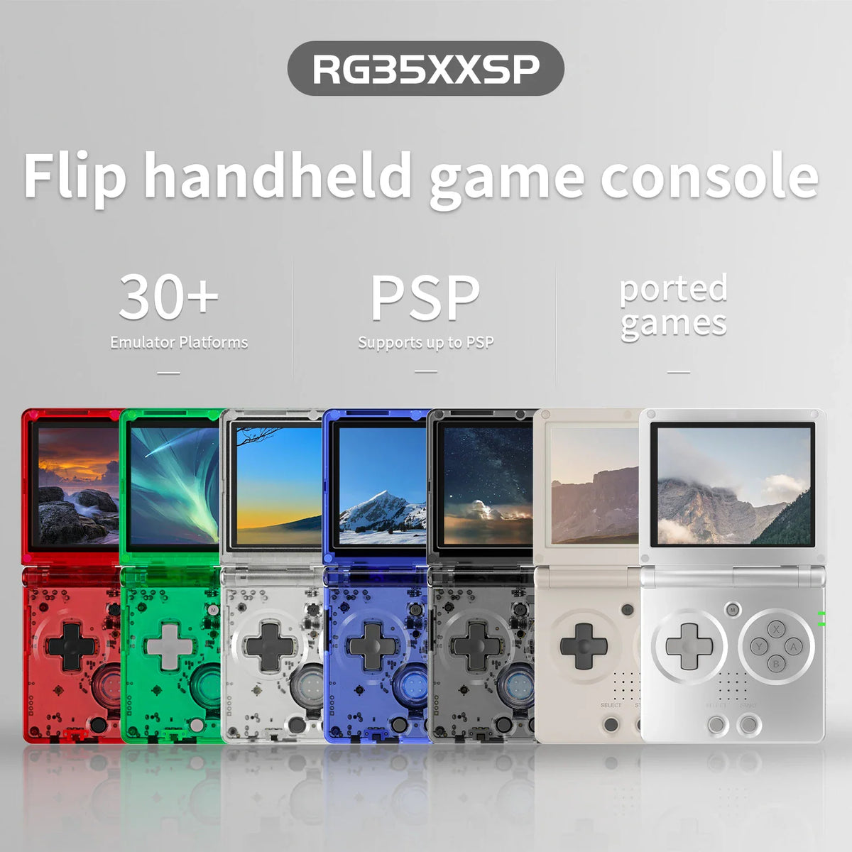 Multiple flip handheld game consoles in various colors with different screen wallpapers.