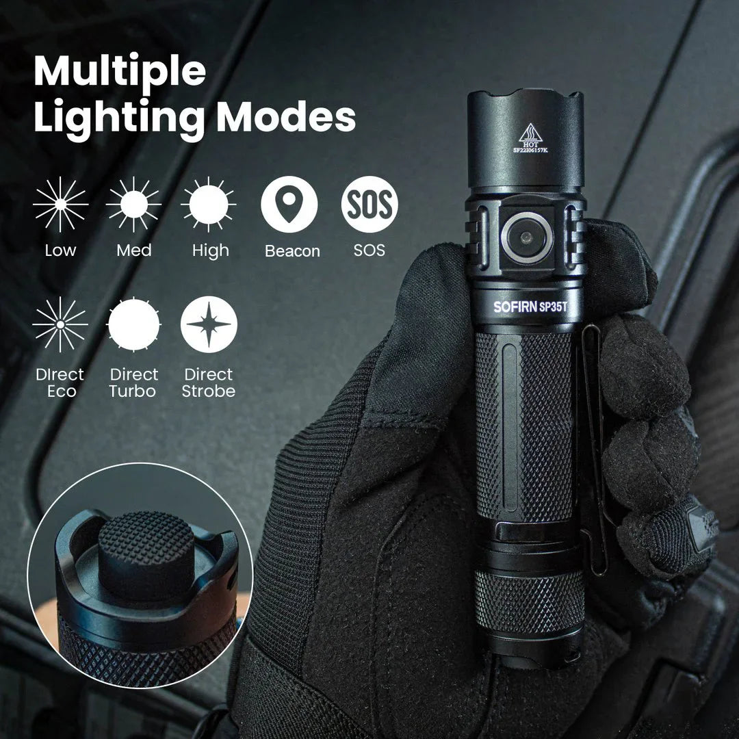 Handheld black tactical LED flashlight showing different lighting modes and tail switch