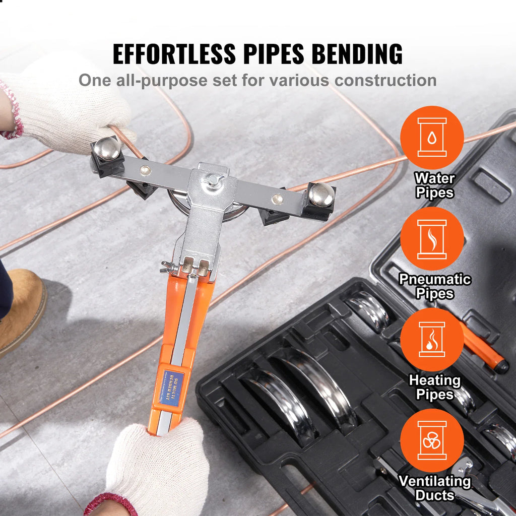Manual pipe bender tool being used to bend copper piping for construction applications