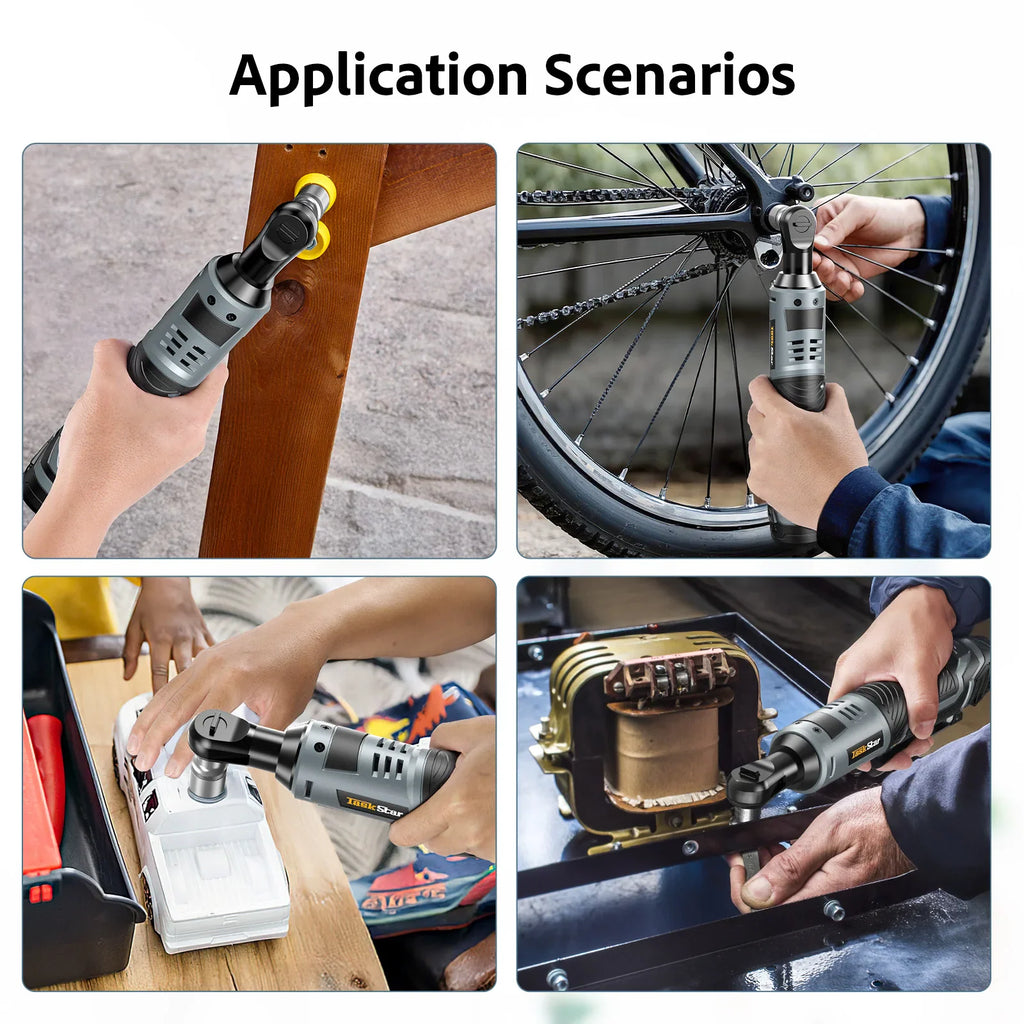 Collage showing cordless electric ratchet wrench being used for home repairs and automotive maintenance