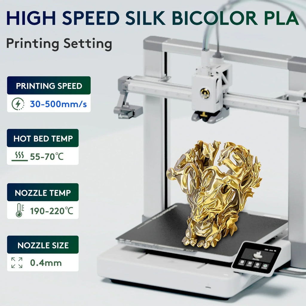 3D printer filament printing settings guide with a gold 3D-printed object on a printer