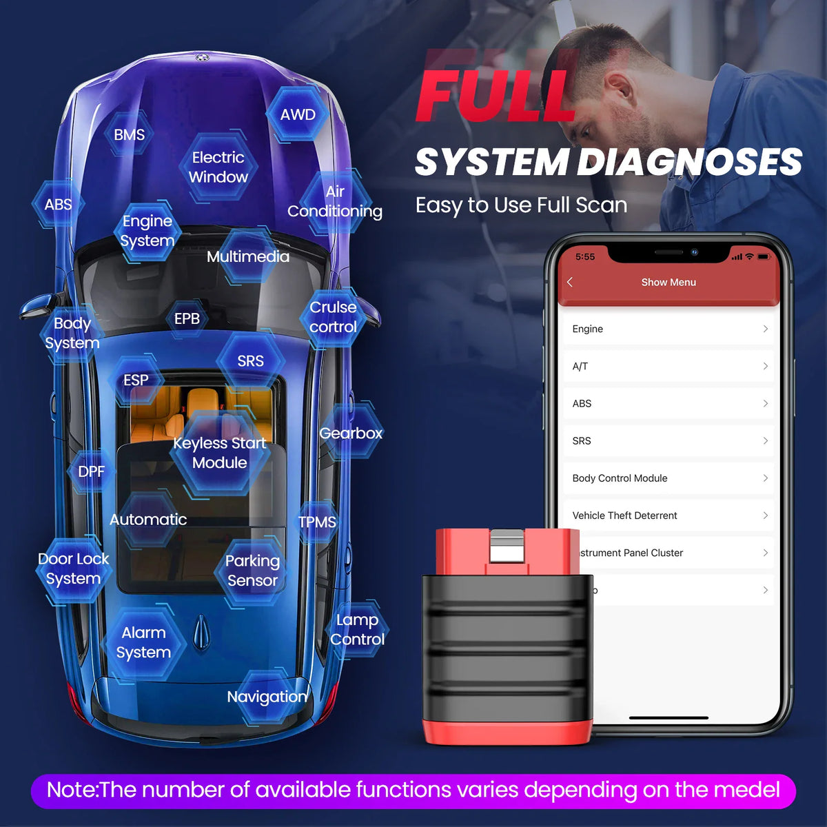 Car diagnostic scanner tool scanning vehicle systems with mobile phone application.